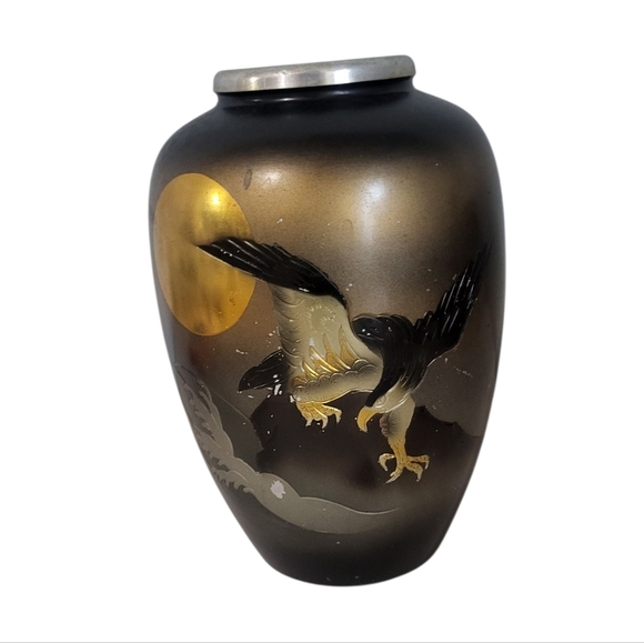 Vintage Japanese Damascene Vase with Eagle and Moon Motif - Picture 1 of 6